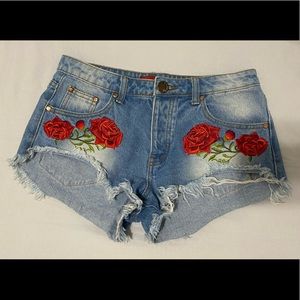 Signature8 Rose Embroidered Blue Denim Shorts
